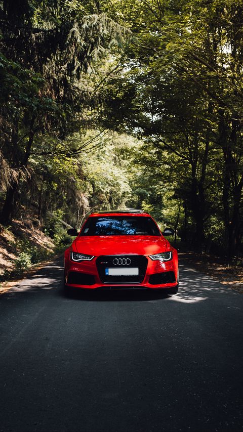 Download wallpaper 2160x3840 audi, red, car, front view, road, forest, trees samsung galaxy s4, s5, note, sony xperia z, z1, z2, z3, htc one, lenovo vibe hd background