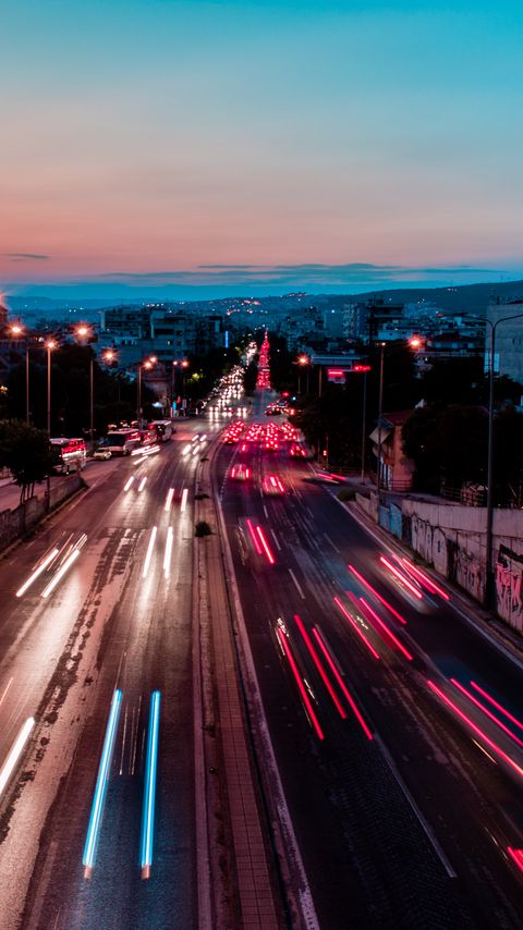 Download wallpaper 2160x3840 avenue, city, movement, evening, lights, long exposure samsung galaxy s4, s5, note, sony xperia z, z1, z2, z3, htc one, lenovo vibe hd background