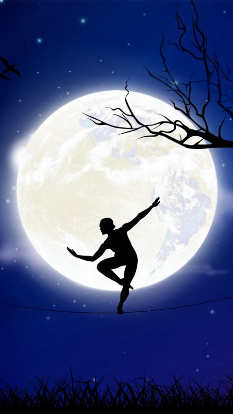Download wallpaper 2160x3840 equilibrist, silhouette, moon, rope, balance samsung galaxy s4, s5, note, sony xperia z, z1, z2, z3, htc one, lenovo vibe hd background