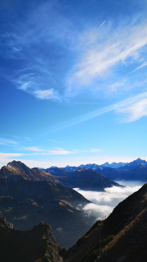 Download wallpaper 2160x3840 mountains, peaks, aerial view, fog, clouds, alps samsung galaxy s4, s5, note, sony xperia z, z1, z2, z3, htc one, lenovo vibe hd background