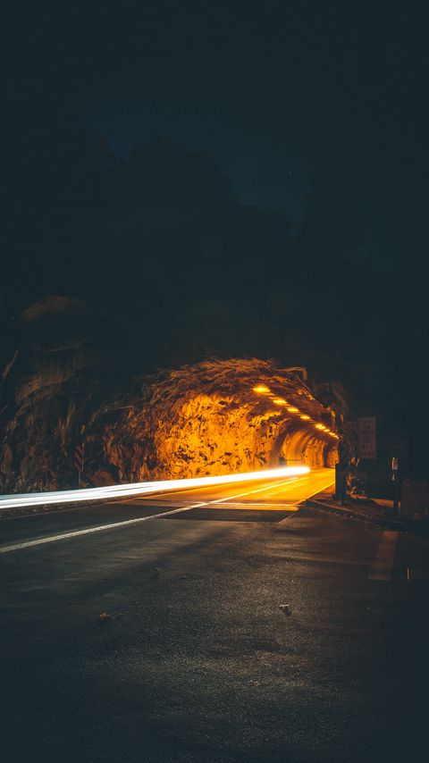 Download wallpaper 2160x3840 tunnel, backlight, movement, dark, rock, long exposure, road, night samsung galaxy s4, s5, note, sony xperia z, z1, z2, z3, htc one, lenovo vibe hd background