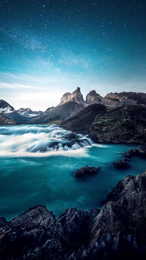 Download wallpaper 2160x3840 waterfall, lake, rocks, torres del paine, national park, chile samsung galaxy s4, s5, note, sony xperia z, z1, z2, z3, htc one, lenovo vibe hd background