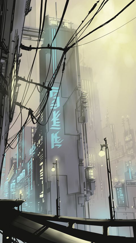Download wallpaper 2160x3840 city, buildings, art, vector, wires, lights samsung galaxy s4, s5, note, sony xperia z, z1, z2, z3, htc one, lenovo vibe hd background
