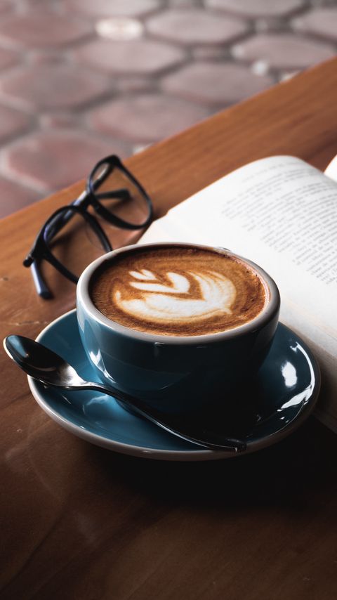 Download wallpaper 2160x3840 coffee, book, glasses, drink, cup, table samsung galaxy s4, s5, note, sony xperia z, z1, z2, z3, htc one, lenovo vibe hd background