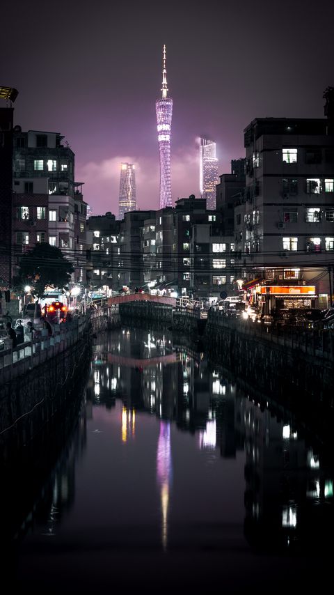 Download wallpaper 2160x3840 night city, buildings, canal, embankment, architecture, lights, reflection samsung galaxy s4, s5, note, sony xperia z, z1, z2, z3, htc one, lenovo vibe hd background