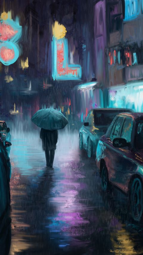 Download wallpaper 2160x3840 night city, rain, art, painting, silhouette, street, cars samsung galaxy s4, s5, note, sony xperia z, z1, z2, z3, htc one, lenovo vibe hd background