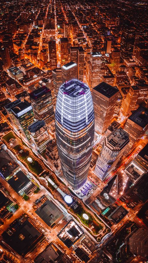 Download wallpaper 2160x3840 night city, aerial view, architecture, buildings, towers, skyscrapers, roofs samsung galaxy s4, s5, note, sony xperia z, z1, z2, z3, htc one, lenovo vibe hd background