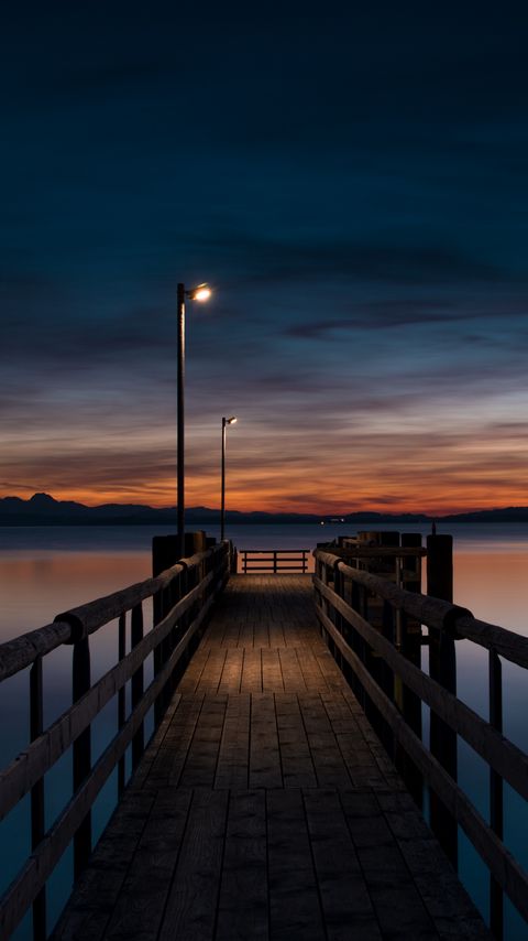 Download wallpaper 2160x3840 pier, water, lights, twilight, evening, wooden samsung galaxy s4, s5, note, sony xperia z, z1, z2, z3, htc one, lenovo vibe hd background