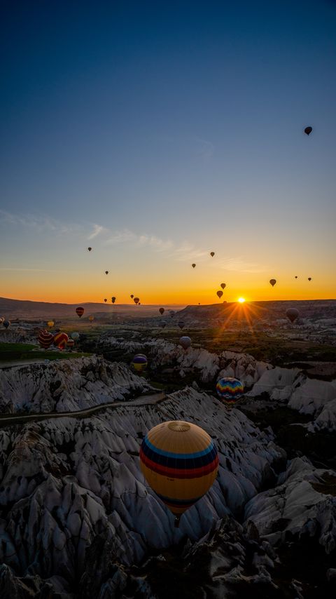 Download wallpaper 2160x3840 air balloons, mountains, sunrise, aerial view, landscape samsung galaxy s4, s5, note, sony xperia z, z1, z2, z3, htc one, lenovo vibe hd background