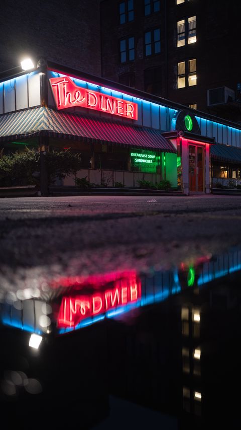 Download wallpaper 2160x3840 building, neon, sign, puddle, reflection samsung galaxy s4, s5, note, sony xperia z, z1, z2, z3, htc one, lenovo vibe hd background