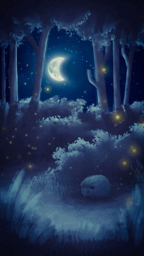 Download wallpaper 2160x3840 hedgehog, moon, night, forest, art hd background