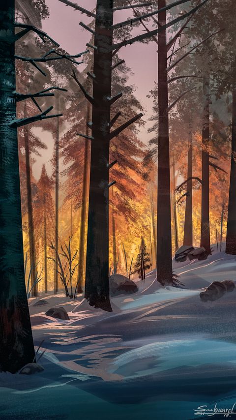 Download wallpaper 2160x3840 forest, trees, snow, landscape, art samsung galaxy s4, s5, note, sony xperia z, z1, z2, z3, htc one, lenovo vibe hd background