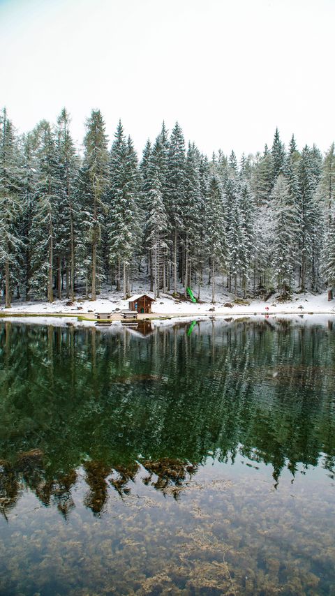 Download wallpaper 2160x3840 lake, forest, house, snow, landscape, solitude samsung galaxy s4, s5, note, sony xperia z, z1, z2, z3, htc one, lenovo vibe hd background