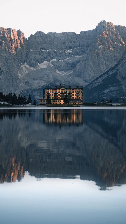 Download wallpaper 2160x3840 mountains, lake, building, architecture, reflection samsung galaxy s4, s5, note, sony xperia z, z1, z2, z3, htc one, lenovo vibe hd background