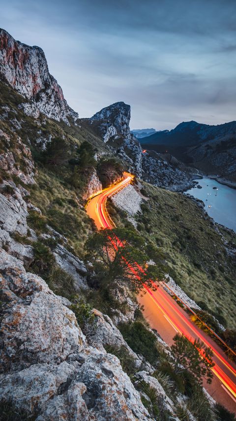 Download wallpaper 2160x3840 mountains, road, lights, movement, long exposure, landscape samsung galaxy s4, s5, note, sony xperia z, z1, z2, z3, htc one, lenovo vibe hd background
