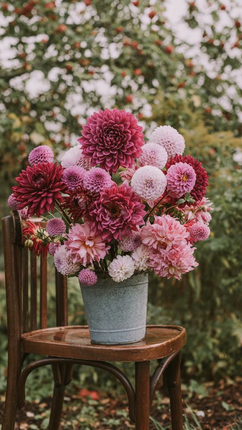 Download wallpaper 2160x3840 flowers, bouquet, pink, composition, pot, chair samsung galaxy s4, s5, note, sony xperia z, z1, z2, z3, htc one, lenovo vibe hd background