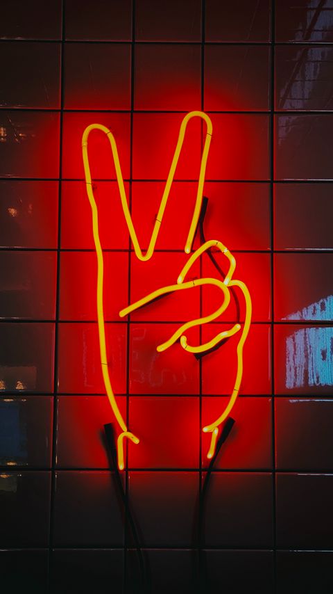 Download wallpaper 2160x3840 hand, gesture, peace, neon, sign, glow samsung galaxy s4, s5, note, sony xperia z, z1, z2, z3, htc one, lenovo vibe hd background