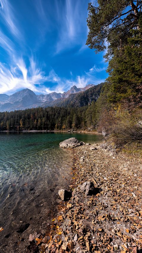 Download wallpaper 2160x3840 lake, shore, stones, forest, mountains samsung galaxy s4, s5, note, sony xperia z, z1, z2, z3, htc one, lenovo vibe hd background