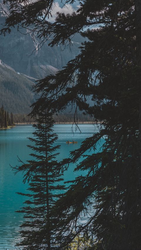 Download wallpaper 2160x3840 lake, trees, mountains, boat, nature samsung galaxy s4, s5, note, sony xperia z, z1, z2, z3, htc one, lenovo vibe hd background