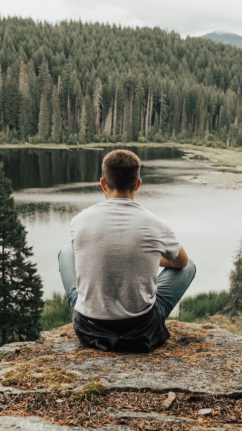 Download wallpaper 2160x3840 man, lake, forest, nature, solitude samsung galaxy s4, s5, note, sony xperia z, z1, z2, z3, htc one, lenovo vibe hd background