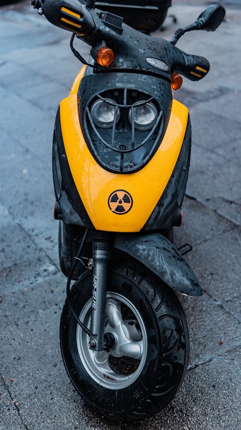 Download wallpaper 2160x3840 moped, scooter, yellow, wet, front view samsung galaxy s4, s5, note, sony xperia z, z1, z2, z3, htc one, lenovo vibe hd background