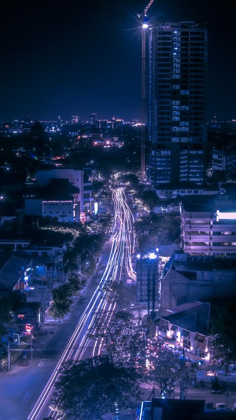 Download wallpaper 2160x3840 night city, road, aerial view, lights, movement samsung galaxy s4, s5, note, sony xperia z, z1, z2, z3, htc one, lenovo vibe hd background