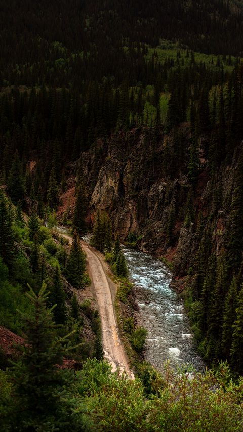 Download wallpaper 2160x3840 road, river, aerial view, forest, cliff samsung galaxy s4, s5, note, sony xperia z, z1, z2, z3, htc one, lenovo vibe hd background