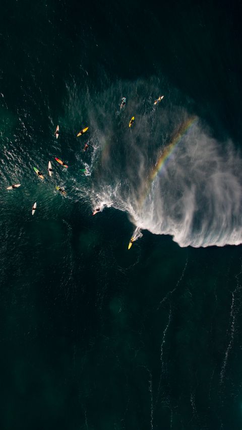 Download wallpaper 2160x3840 sea, surfers, aerial view, surfing, waves, rainbow samsung galaxy s4, s5, note, sony xperia z, z1, z2, z3, htc one, lenovo vibe hd background