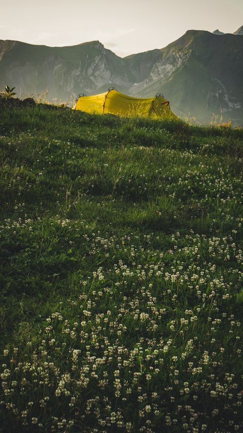 Download wallpaper 2160x3840 tent, camping, mountains, grass, nature samsung galaxy s4, s5, note, sony xperia z, z1, z2, z3, htc one, lenovo vibe hd background