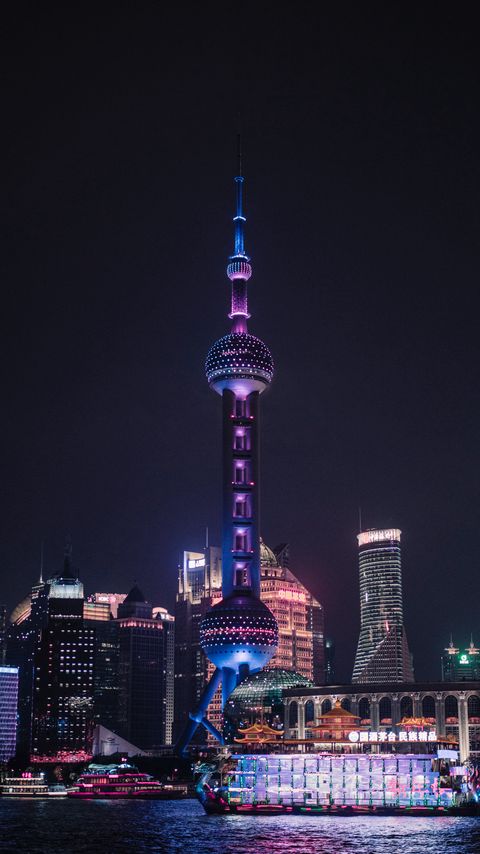 Download wallpaper 2160x3840 tower, architecture, buildings, night city, shanghai, china samsung galaxy s4, s5, note, sony xperia z, z1, z2, z3, htc one, lenovo vibe hd background