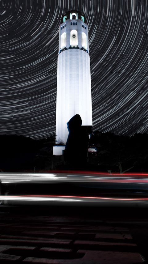 Download wallpaper 2160x3840 tower, building, night, long exposure, blur samsung galaxy s4, s5, note, sony xperia z, z1, z2, z3, htc one, lenovo vibe hd background
