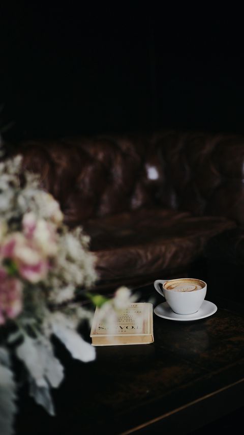 Download wallpaper 2160x3840 cup, coffee, book, bouquet, table samsung galaxy s4, s5, note, sony xperia z, z1, z2, z3, htc one, lenovo vibe hd background