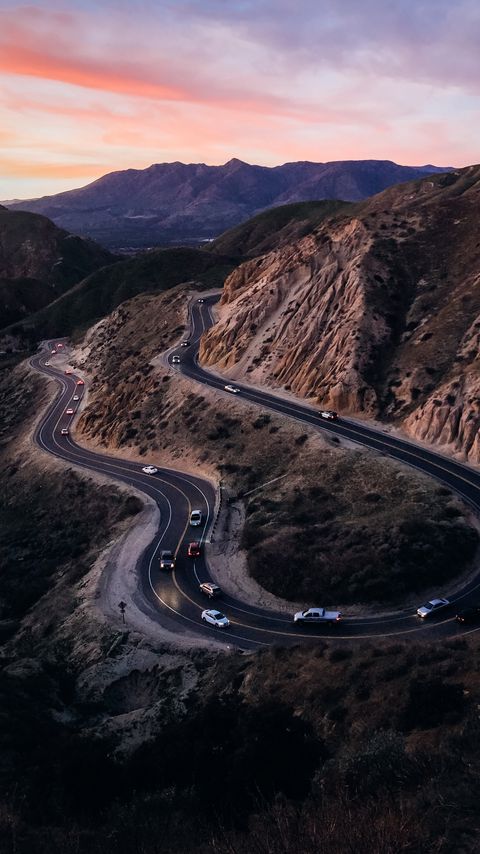Download wallpaper 2160x3840 mountains, road, cars, aerial view, nature samsung galaxy s4, s5, note, sony xperia z, z1, z2, z3, htc one, lenovo vibe hd background