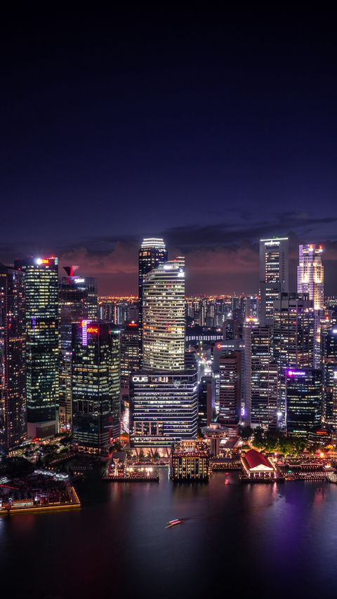 Download wallpaper 2160x3840 night city, coast, aerial view, buildings, lights, singapore samsung galaxy s4, s5, note, sony xperia z, z1, z2, z3, htc one, lenovo vibe hd background
