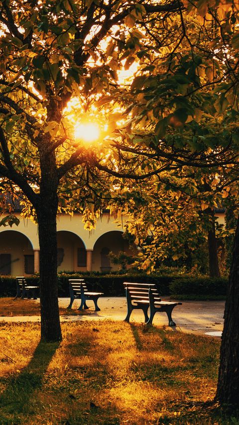 Download wallpaper 2160x3840 park, trees, benches, sunlight, building samsung galaxy s4, s5, note, sony xperia z, z1, z2, z3, htc one, lenovo vibe hd background