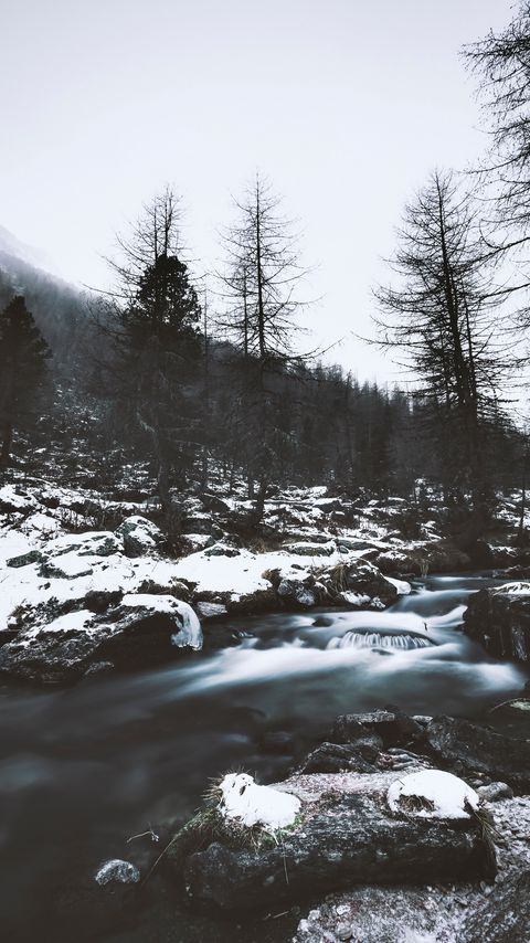Download wallpaper 2160x3840 river, trees, stones, snow, nature samsung galaxy s4, s5, note, sony xperia z, z1, z2, z3, htc one, lenovo vibe hd background