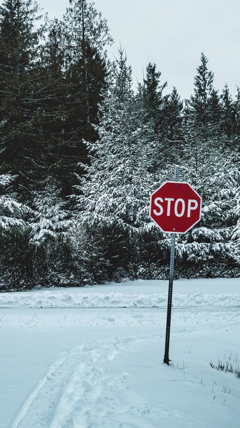 Download wallpaper 2160x3840 sign, stop, snow, trees, nature samsung galaxy s4, s5, note, sony xperia z, z1, z2, z3, htc one, lenovo vibe hd background