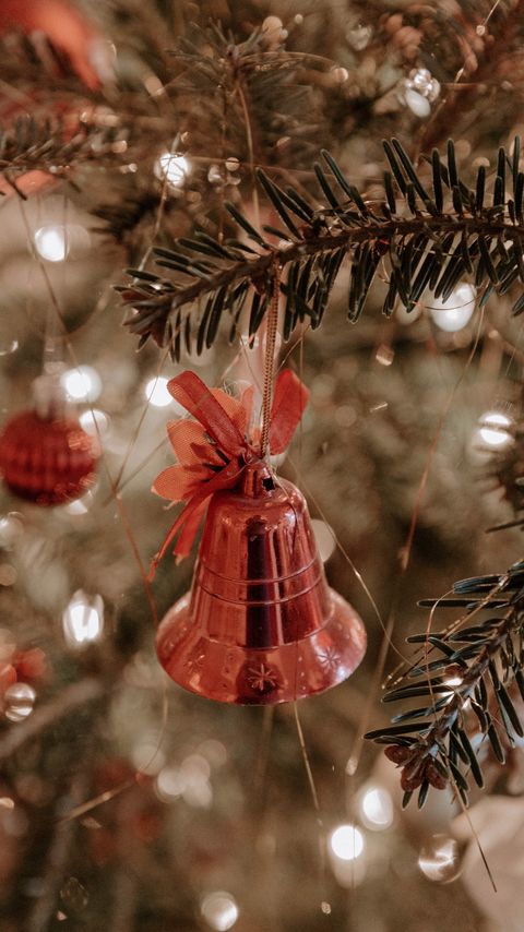 Download wallpaper 2160x3840 tree, decoration, bell, bow, new year, christmas samsung galaxy s4, s5, note, sony xperia z, z1, z2, z3, htc one, lenovo vibe hd background