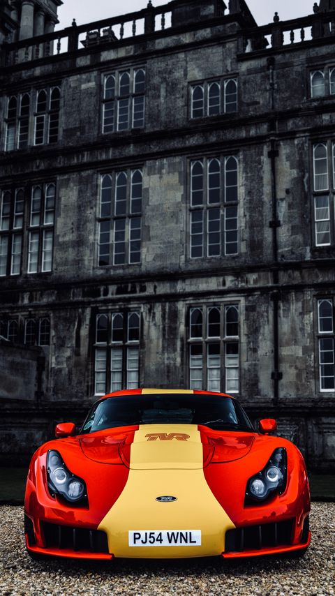 Download wallpaper 2160x3840 tvr sagaris, car, sportscar, red, yellow, front view samsung galaxy s4, s5, note, sony xperia z, z1, z2, z3, htc one, lenovo vibe hd background