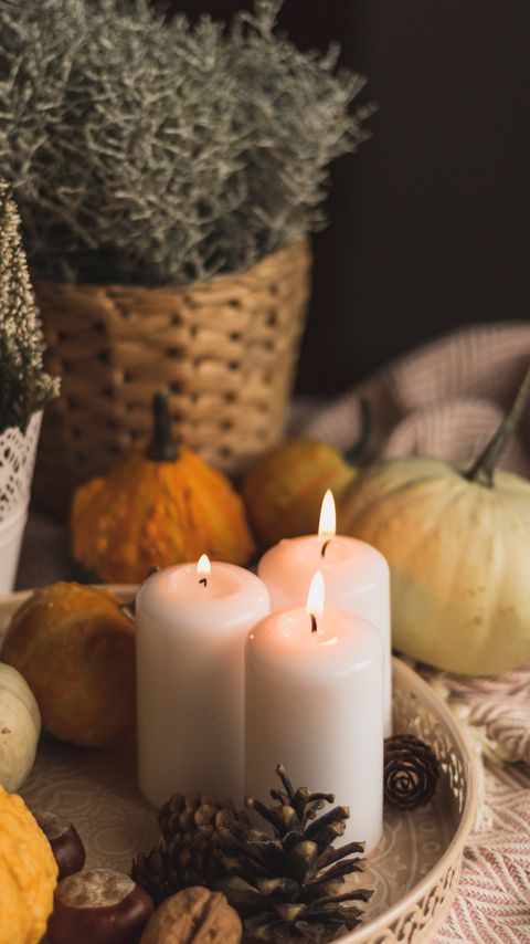 Download wallpaper 2160x3840 candles, flame, halloween, pumpkins, pine cones samsung galaxy s4, s5, note, sony xperia z, z1, z2, z3, htc one, lenovo vibe hd background