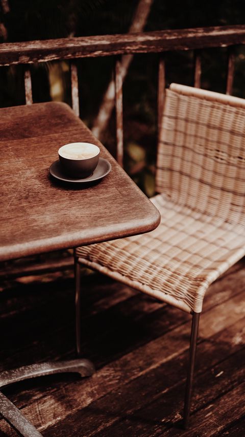 Download wallpaper 2160x3840 coffee, cup, table, chair, wooden samsung galaxy s4, s5, note, sony xperia z, z1, z2, z3, htc one, lenovo vibe hd background