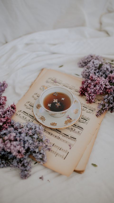 Download wallpaper 2160x3840 cup, tea, lilac, flowers, notes, still life samsung galaxy s4, s5, note, sony xperia z, z1, z2, z3, htc one, lenovo vibe hd background
