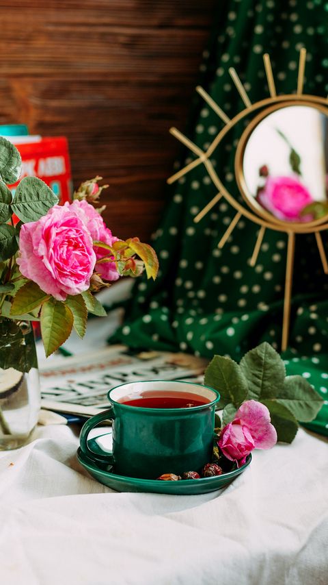 Download wallpaper 2160x3840 cup, tea, roses, flowers, still life samsung galaxy s4, s5, note, sony xperia z, z1, z2, z3, htc one, lenovo vibe hd background