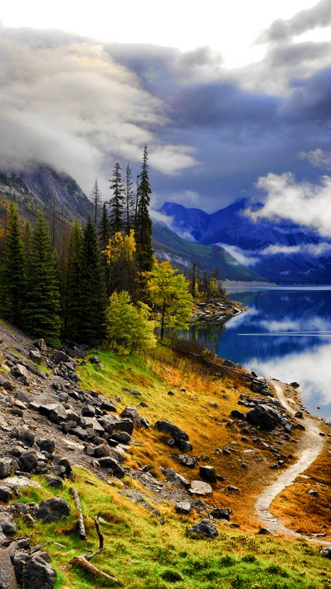 Download wallpaper 2160x3840 landscape, lake, mountains, trees, slope, path samsung galaxy s4, s5, note, sony xperia z, z1, z2, z3, htc one, lenovo vibe hd background