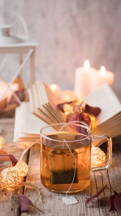 Download wallpaper 2160x3840 tea, cup, book, garlands, leaves, comfort samsung galaxy s4, s5, note, sony xperia z, z1, z2, z3, htc one, lenovo vibe hd background