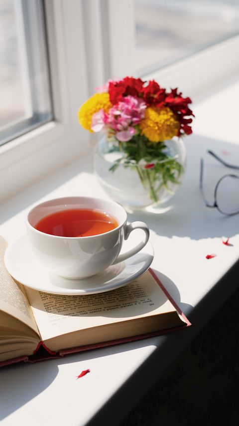 Download wallpaper 2160x3840 tea, cup, bouquet, book, flowers, glasses samsung galaxy s4, s5, note, sony xperia z, z1, z2, z3, htc one, lenovo vibe hd background