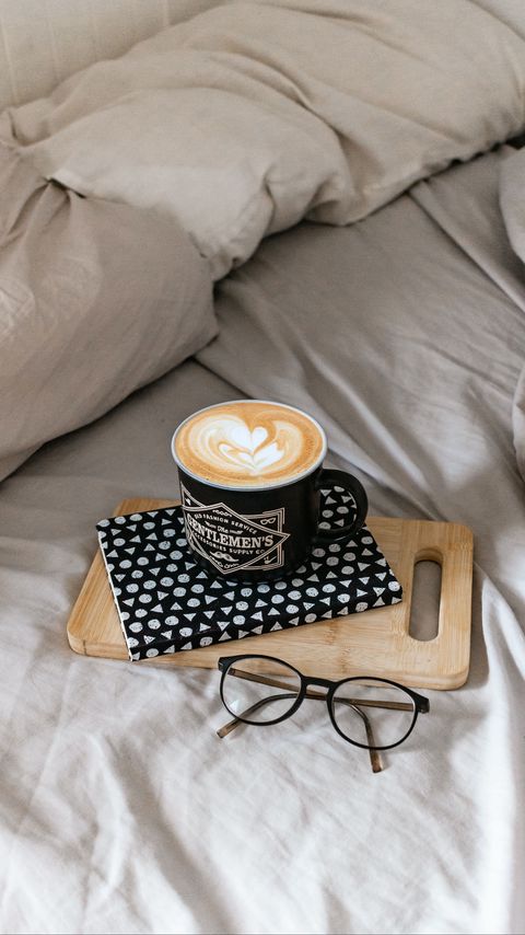 Download wallpaper 2160x3840 cappuccino, cup, glasses, book, bed samsung galaxy s4, s5, note, sony xperia z, z1, z2, z3, htc one, lenovo vibe hd background