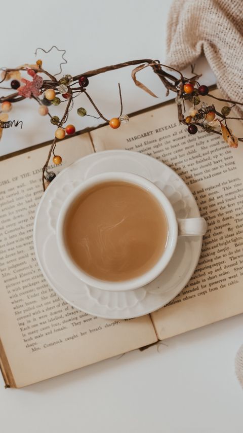 Download wallpaper 2160x3840 cup, coffee, drink, book, branch samsung galaxy s4, s5, note, sony xperia z, z1, z2, z3, htc one, lenovo vibe hd background