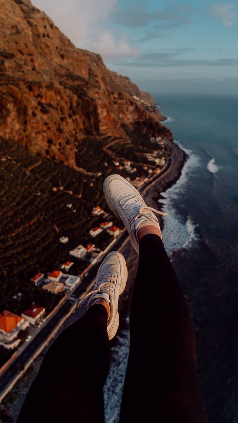 Download wallpaper 2160x3840 legs, sneakers, city, aerial view, coast, mountains samsung galaxy s4, s5, note, sony xperia z, z1, z2, z3, htc one, lenovo vibe hd background