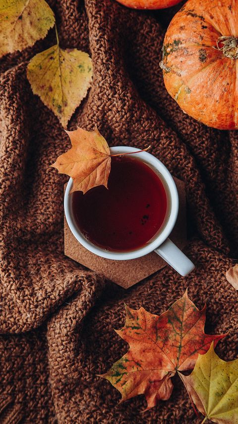 Download wallpaper 2160x3840 tea, cup, autumn, leaves, comfort samsung galaxy s4, s5, note, sony xperia z, z1, z2, z3, htc one, lenovo vibe hd background